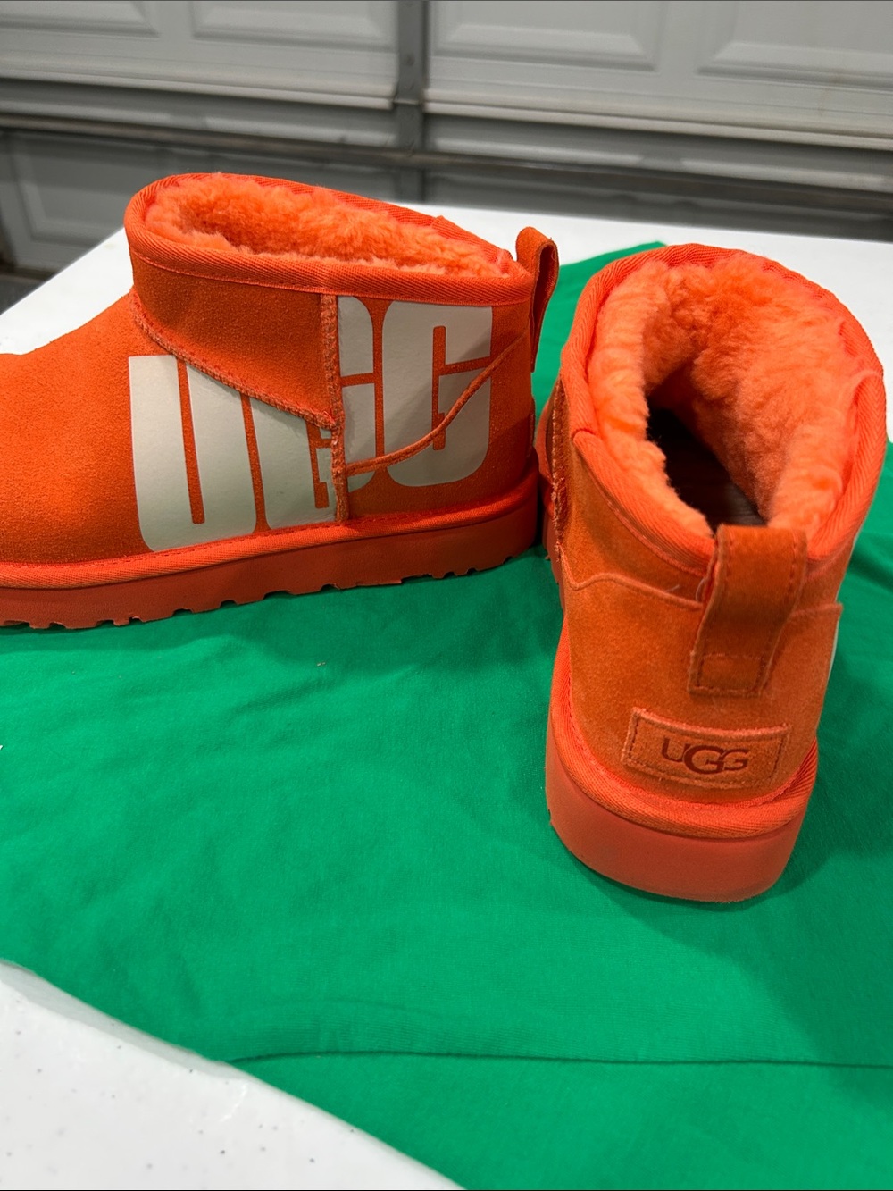 UGG Orange Suede Short Shearling Booties with Logo